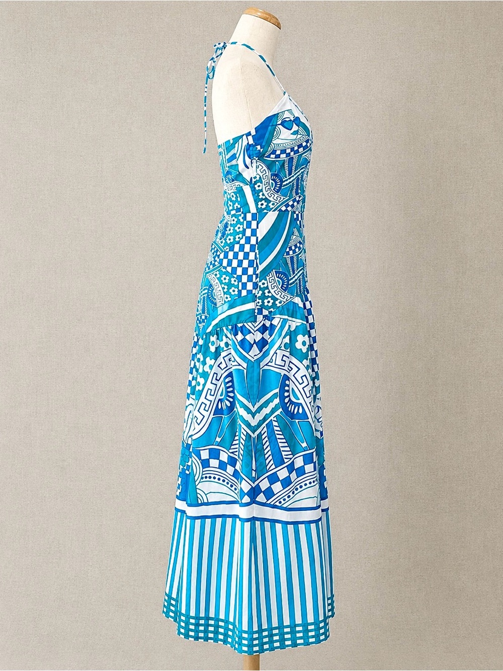 Celina Moon Mediterranean Print Halter Maxi Dress 100% Cotton Blue White Size M - Picture 3 of 10